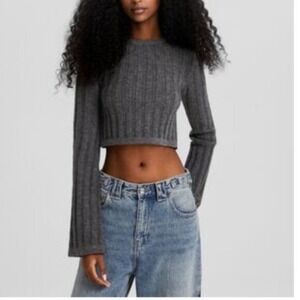 Bershka Dark Gray Ribbed Cropped Sweater Size XS